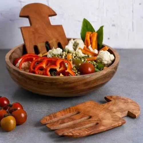Pair Of Neem Wood Salad Mixing Bowls With Ergonomic Handles 1