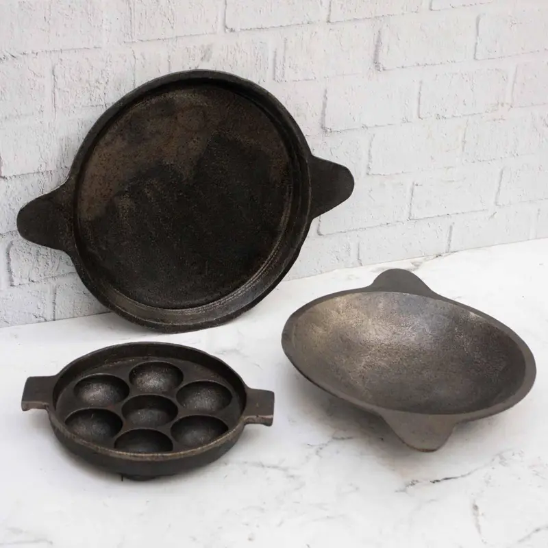 South Indian Cast Iron Combo: Kuzhipaniyaram Pan, Appachatti, Raised-Edge Fry Pan 1